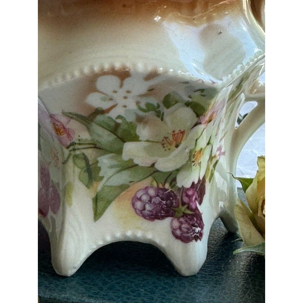 Rare Antique German Hand Painted Floral Footed Creamer Sepia Yellow Brown - Picture 10 of 16